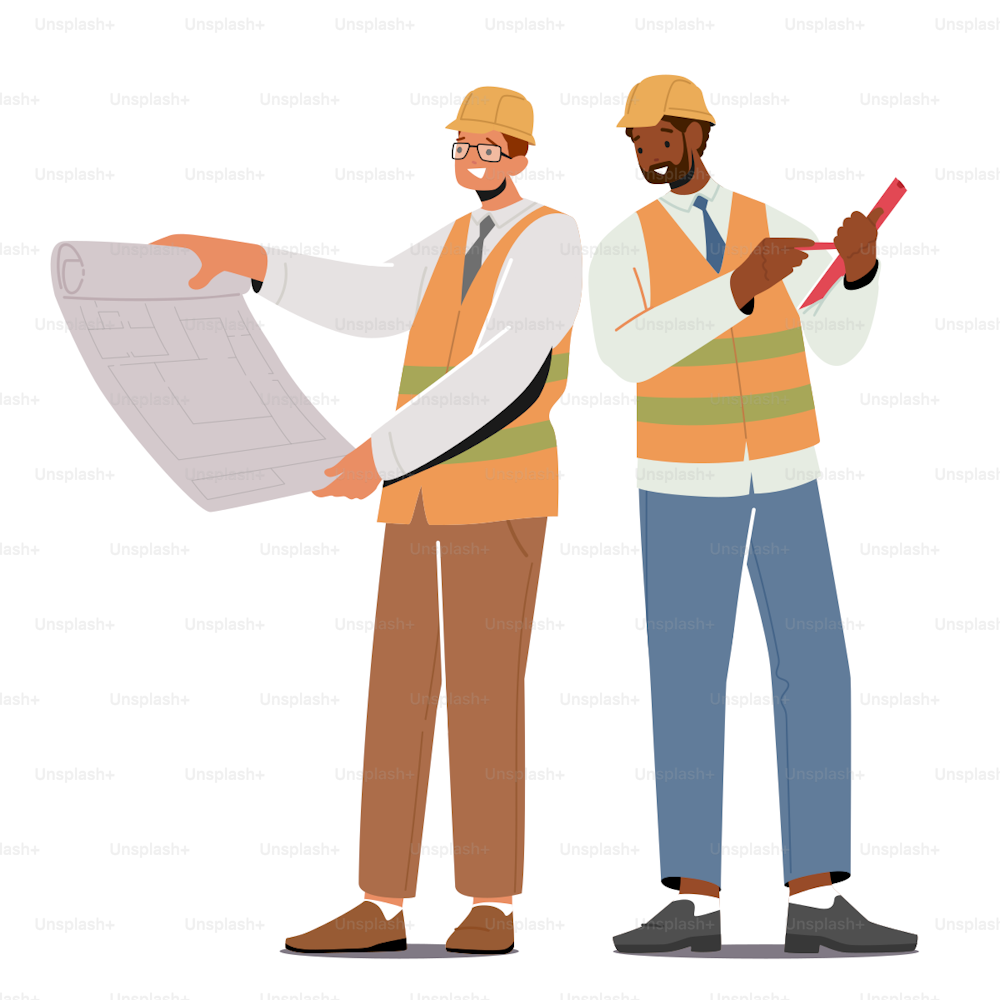 Building and Engineering Profession, Occupation or Job Concept. Men Architects and Construction Engineer Characters Working on Architecture Project Plan and Blueprint. Cartoon Vector Illustration