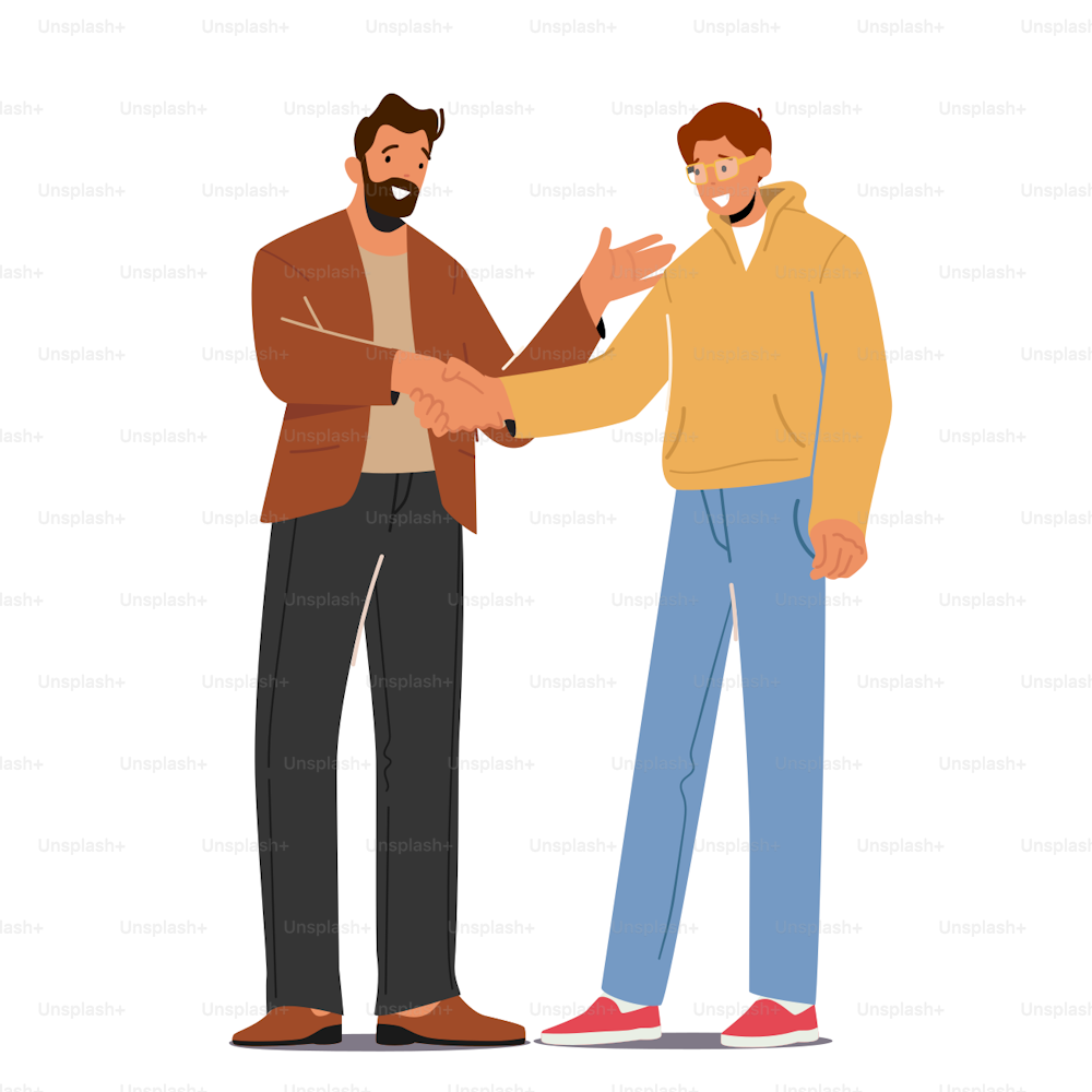 Confident Businessman Company Boss Shaking Hand to Office Employee Congratulating with Success. Director Congratulate Best Worker for Successful Work, Encouraging. Cartoon Vector Illustration