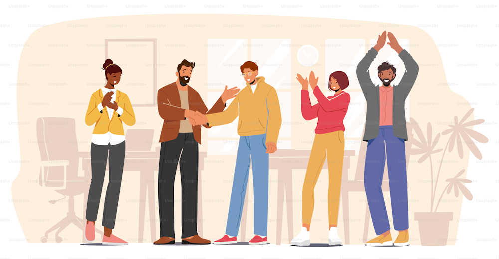 Company Success, Worker Encouraging, Congratulation Best Colleagues Business Concept. Boss Congratulate Joyful Officer, Shaking Hand. Happy Employees Celebrating Victory. Cartoon Vector Illustration