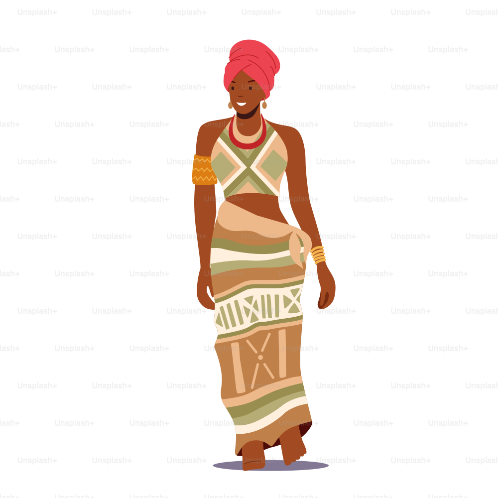 Mujer africana usa ropa tradicional aislada sobre fondo blanco. Personaje femenino tribal Usa turbante y vestido colorido, chica sonriente con piel oscura. Ilustración vectorial de Cartoon People