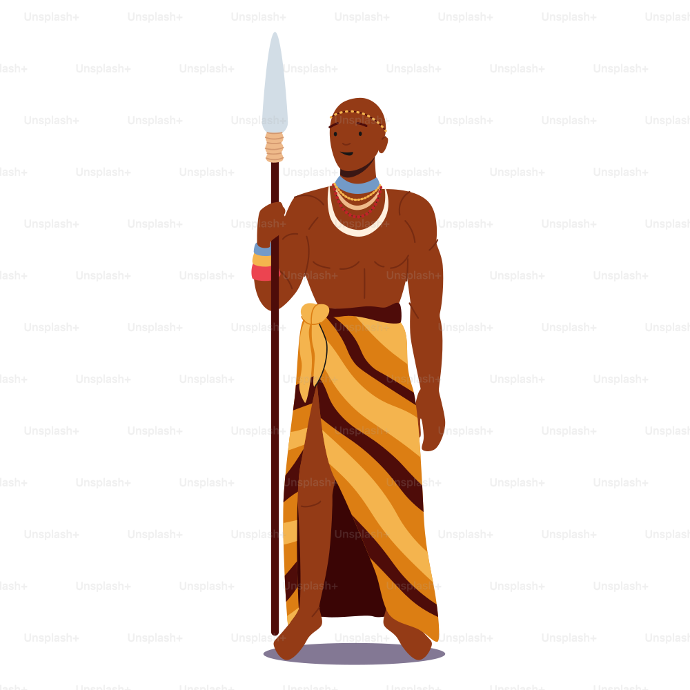 Hombre africano usa ropa tribal y collar que sostiene la lanza. Retrato de personaje masculino con piel oscura, guerrero, cazador con arma aislada sobre fondo blanco. Ilustración vectorial de Cartoon People