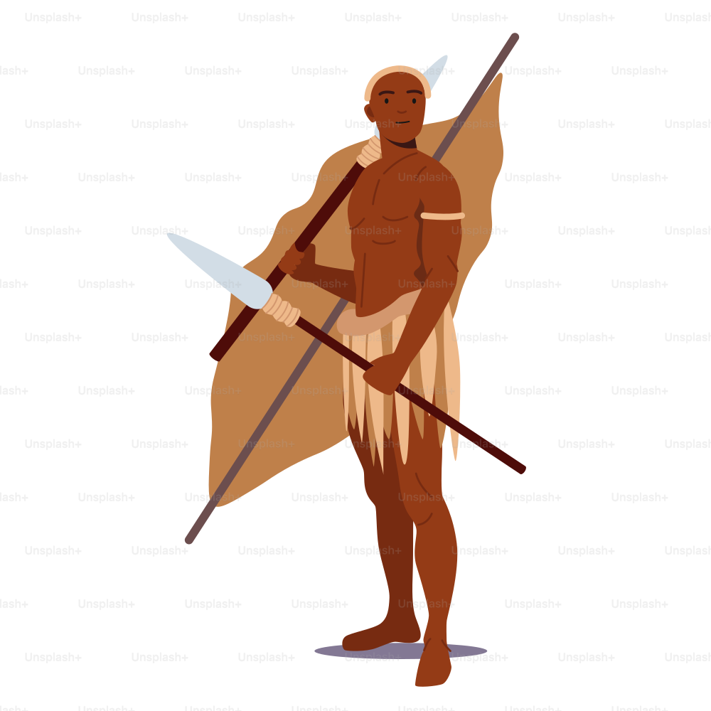 Portrait of African Male Character with Dark Skin, Warrior with Weapon Isolated on White Background. Man Wear Tribal Clothes Holding Spears for Hunting or War. Cartoon People Vector Illustration