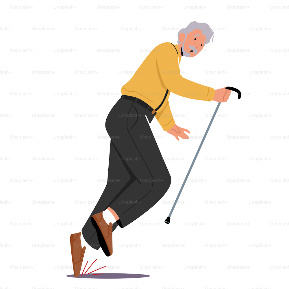 Senior Male Character Stumble the Stone on Road Falling Down on the Ground Isolated on White Background. Old Man Clumsiness, Failure, Fracture and Health Problems. Cartoon People Vector Illustration
