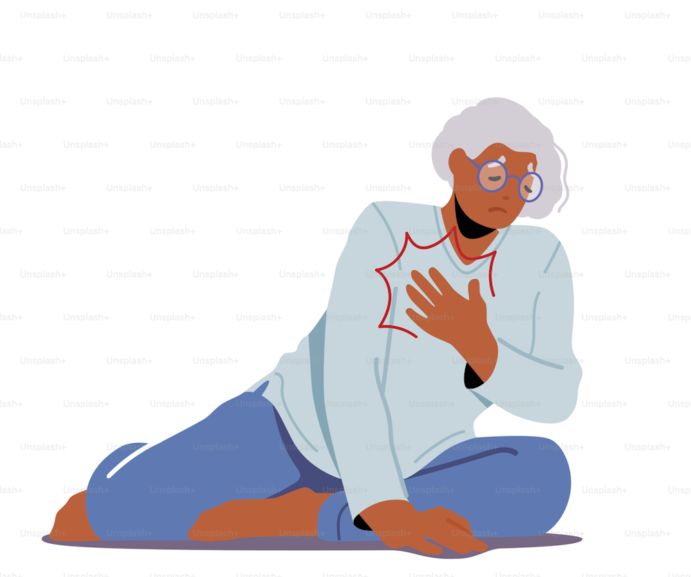 Unhappy Senior Woman Sitting on Floor Holding Heart, Aged Female Character Fall Down due to Health Problem, Cardiology Disease, Infarct Isolated on White Background. Cartoon People Vector Illustration