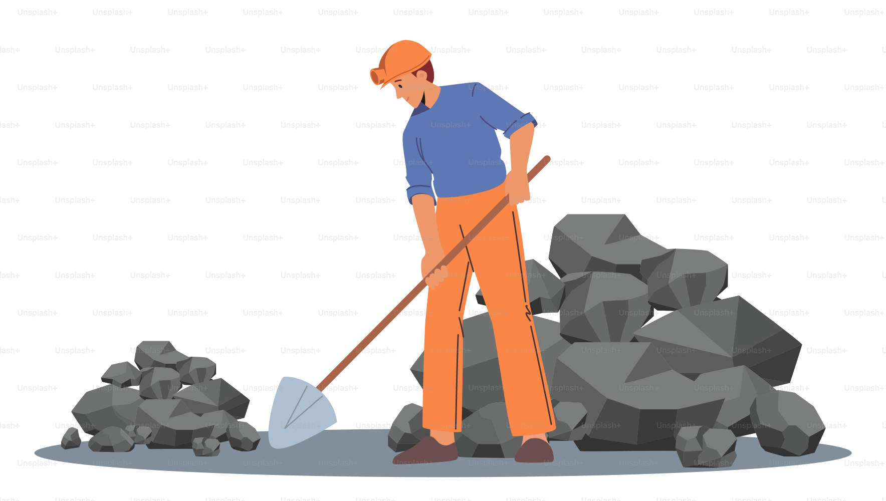 La exploración mineral, el concepto de la industria minera del carbón, el personaje masculino en casco y la túnica de trabajo cavando suelo exploran fósiles en un pozo de cantera aislado sobre fondo blanco. Ilustración vectorial de Cartoon People