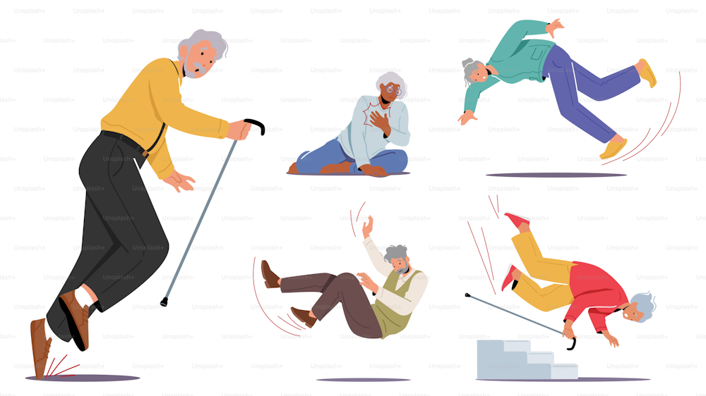 Set of Old People Stumble, Senior Male and Female Character Falling Down on the Ground due to Slippery Road, Clumsiness or Health Problems Isolated on White Background. Cartoon Vector Illustration