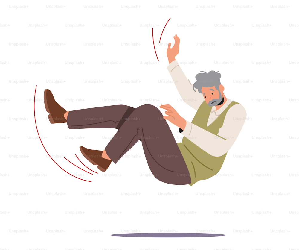 Careless Senior Man Falling on Back, Old Male Character Falling Down on the Ground due Stumble, Slippery Road, Clumsiness or Accident Isolated on White Background. Cartoon People Vector Illustration