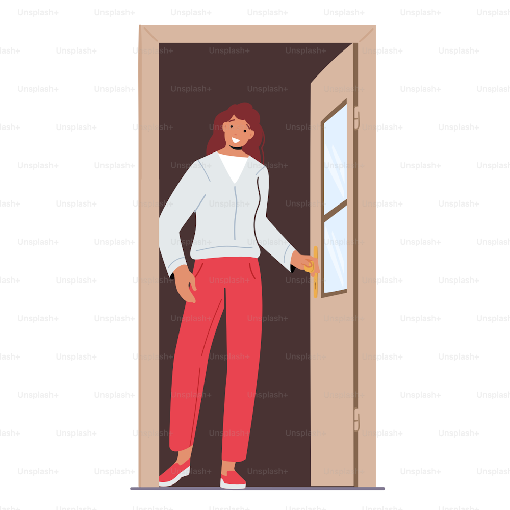 Young Female Character Opening Door, Cheerful Woman Stand at Open Doorway Isolated on White Background. Girl Leaving Home, Entrance to Apartment or Office. Cartoon People Vector Illustration