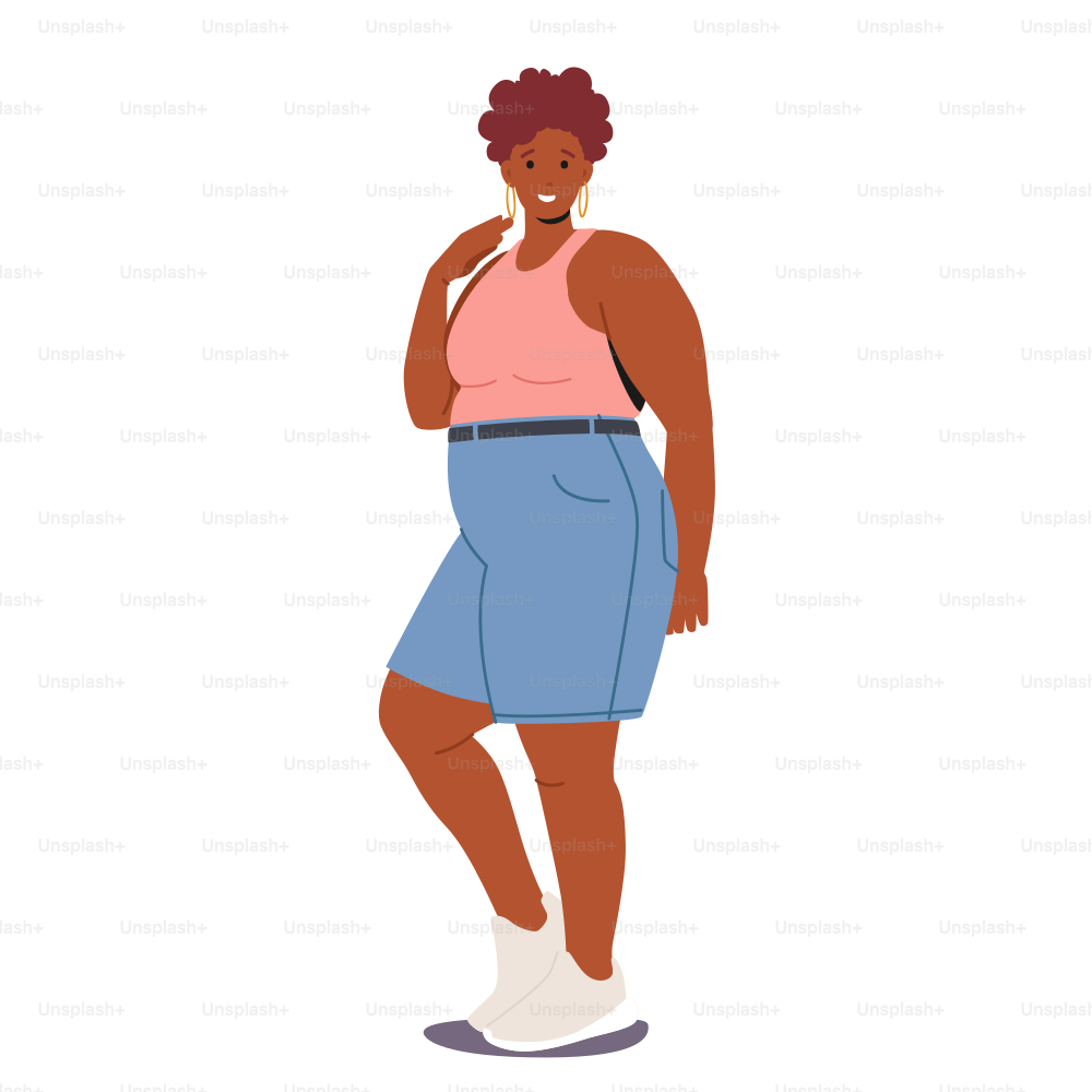 African American Plus Size Woman Dressed in Jeans Shorts and Slinky Top. Happy Girl Attractive Overweight Lady. Female Character. Body Positive, Love Your Body. Cartoon People Vector Illustration