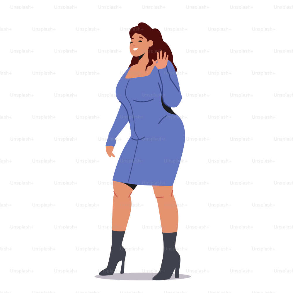 Young Plus Size Stylish Woman Wearing Blue Mini Dress and Black Heels Posing and Waving Hand. Plump Female Character Spring Fashion Outfit, Elegant Sexy Look. Cartoon People Vector Illustration