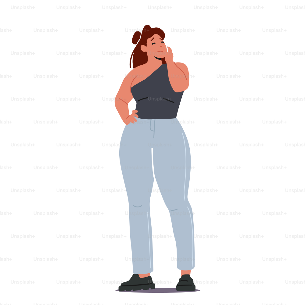 Over Size Fashion for Women, Plus Size Sexy Lady Dressed in Tight Black Grey Pants, Shoes and Slinky One Shoulder Top Posing. Attractive Plump Female Character. Cartoon People Vector Illustration