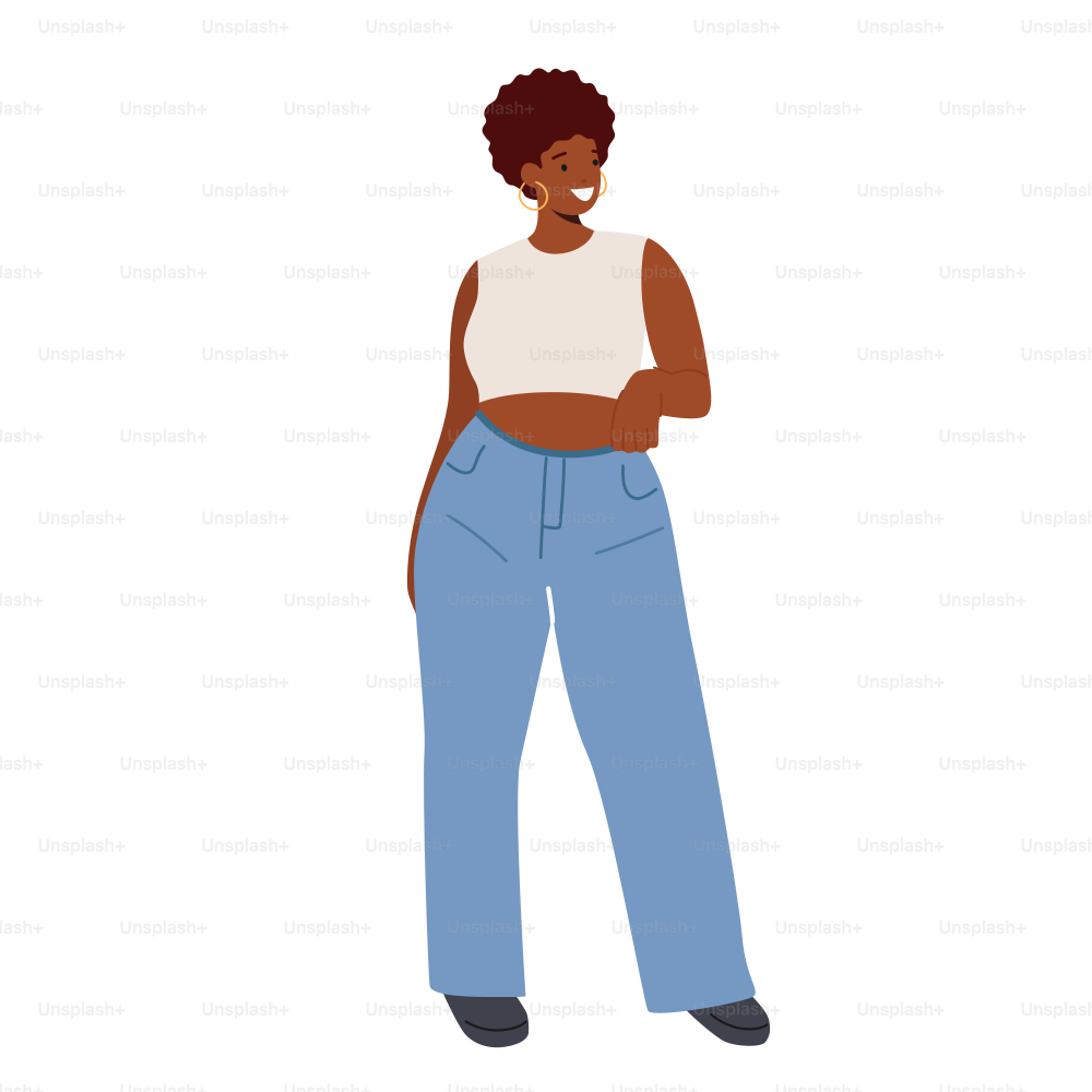 Happy African American Curvy Girl, Plus Size Woman Dressed in Jeans and Short Slinky Top. Attractive Overweight Lady. Female Character Body Positive, Love Your Body. Cartoon People Vector Illustration