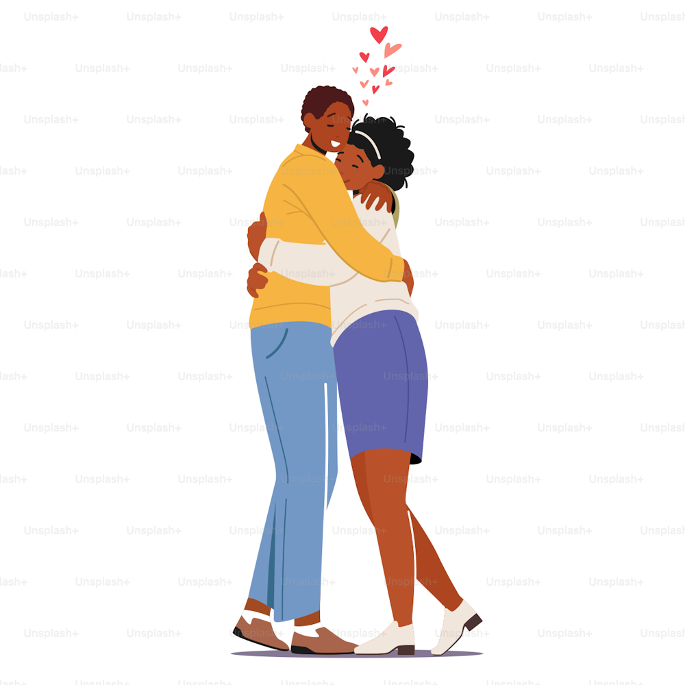African Male and Female Characters Hugging. Young Loving Couple Romantic Relations. Man and Woman Embrace Each Other, Happy Lovers Dating, Love Feelings, Romance. Cartoon People Vector Illustration