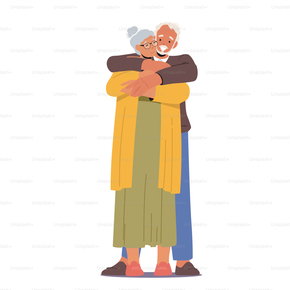Happy Elderly Male and Female Characters Hugging. Loving Aged Couple Romantic Relations. Senior Man Embrace Woman from Back, Love Feelings, Romance Emotions. Cartoon People Vector Illustration
