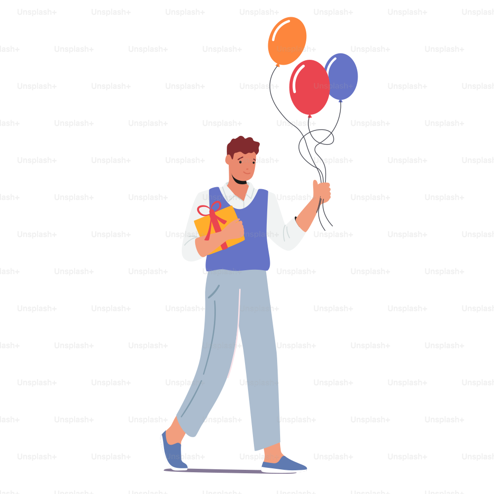 Birthday Party Celebration, Festive Event. Cheerful Man in Festive Clothes Walk to Holiday Carry Colorful Balloons and Gift Box Isolated on White Background Rejoice. Cartoon People Vector Illustration