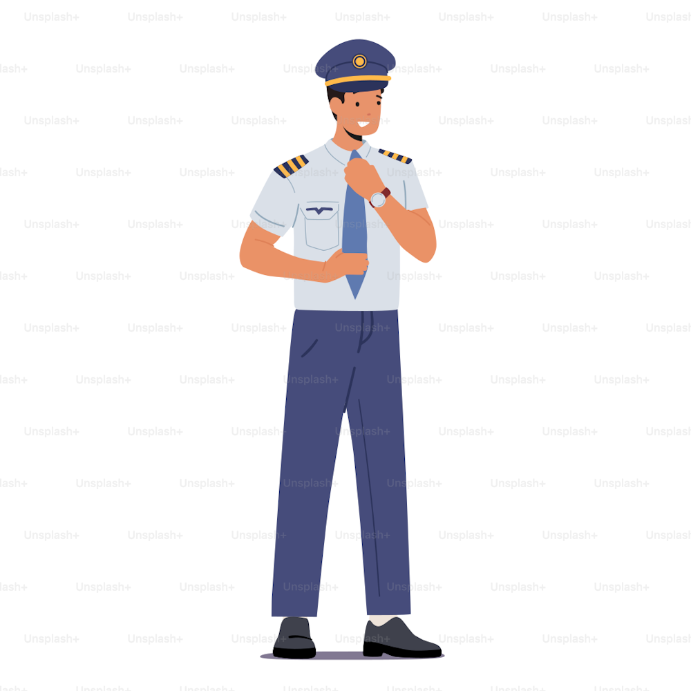 Pilot of Airplane Isolated on White Background. Aviation Aircrew Male Character Wearing Uniform, Airport Staff, Jet Plane Captain, Air Service Staff Full Height. Cartoon People Vector Illustration
