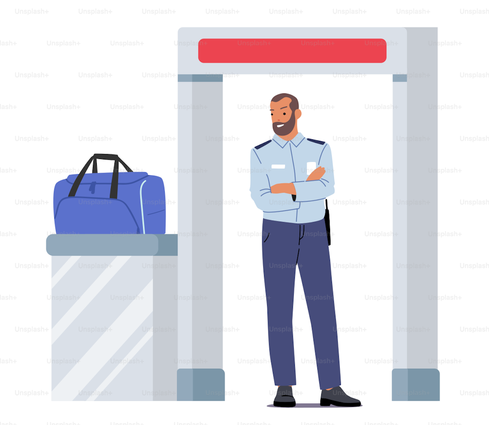 Metal Detector Frame, Airport Security Check Control Concept. Male Character Wear Uniform Stand at Portal with Passenger Luggage, Man Officer Checkpoint Inspection. Cartoon People Vector Illustration