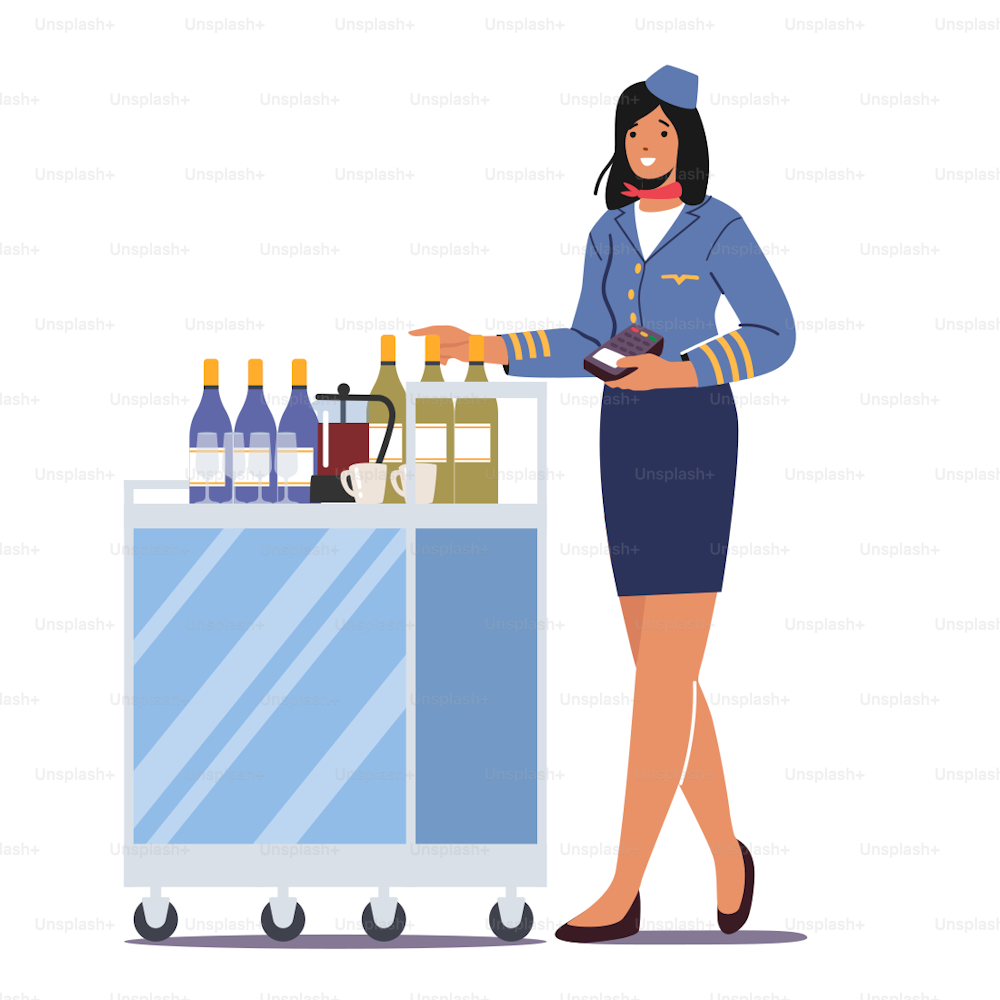 Stewardess Push Trolley with Drinks Holding Pos Terminal. Flight Attendant, Airline Staff, Air Hostess in Uniform Provide Airplane Service Isolated on White Background. Cartoon Vector Illustration
