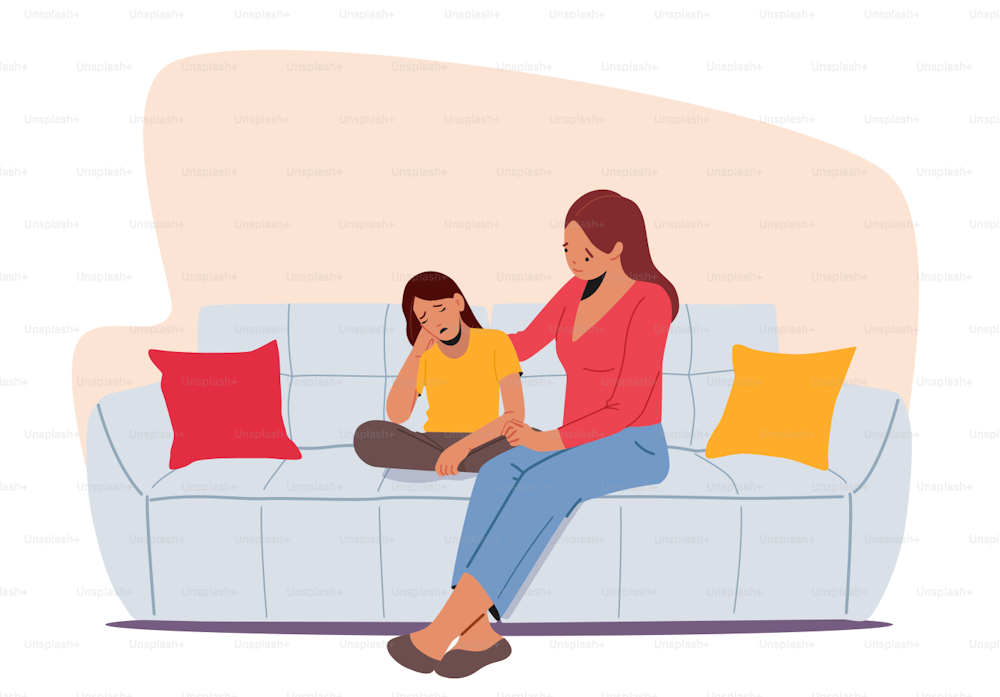 Madre e hija sentadas en el sofá de la sala de estar hablan y comparten problemas. Mamá y niña hablando, relaciones confidenciales, crianza de los hijos. Ilustración vectorial de Cartoon People