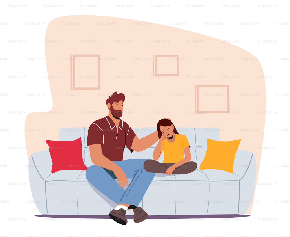 Parenting, Confidential Relations, Parent Character Support Child. Father and Crying Daughter Sitting on Sofa in Room Speak and Share Problems. Dad and Girl Talking. Cartoon People Vector Illustration