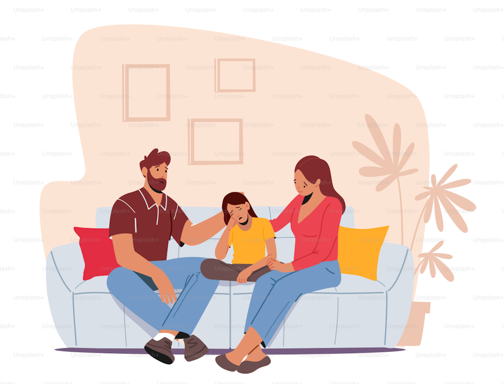 Father and Mother Comforting Upset Kid, Loving Parents Support Child, Daughter with Sad Emotions and Dull Face Sit on Sofa with Mom and Dad Family Characters. Cartoon People Vector Illustration