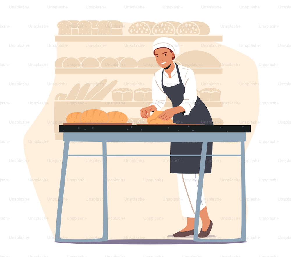 Female Baker Character Kneading Dough on Table for Baking Bread. Worker on Modern Confectionery Manufacture or Bakehouse. Bakery Factory and Food Production Concept. Cartoon Flat Vector Illustration