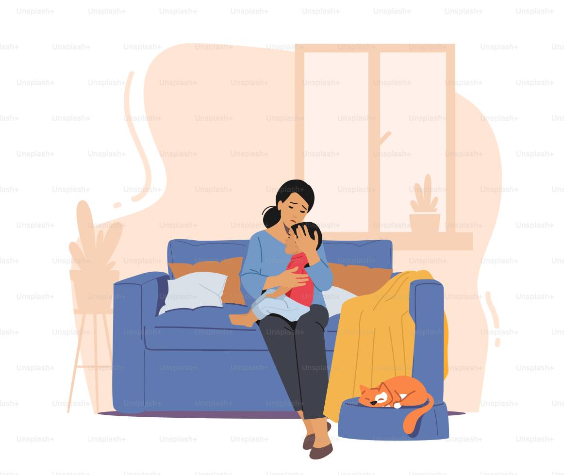 Mother Calm Down Little Frightened and Crying Son Sitting on her Knees in Bedroom. Child Cry of Nightmare Dream, Phobia, Fear, Mom Comforting, Support and Hugging Baby. Cartoon Vector Illustration