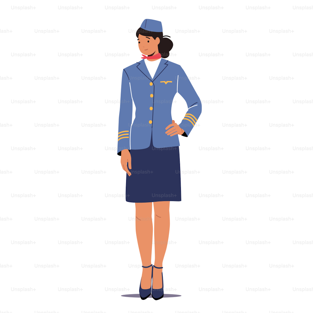 Azafata azafata azafata Chica con uniforme azul y gorra de pie con brazo Akimbo, personal de aerolínea de avión Personaje femenino aislado sobre fondo blanco. Ilustración vectorial de dibujos animados