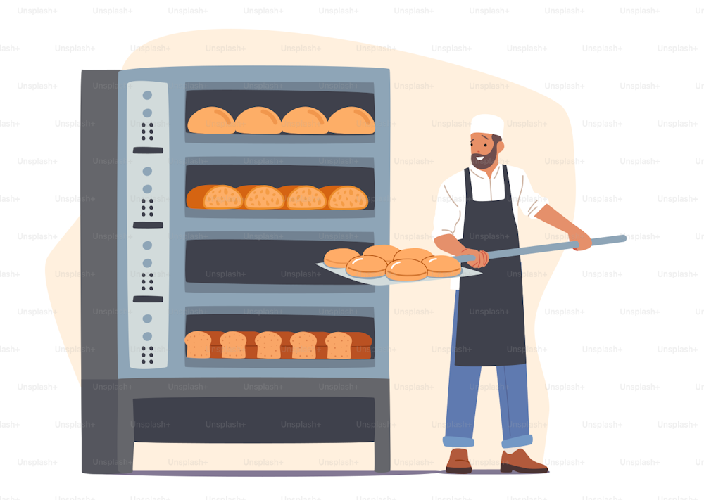 Bakery Industry, Bakehouse Factory and Bread Production Concept. Baker Character Put Raw Loafs to Oven for Baking. Worker Cooking Baked Food on Modern Manufacture. Cartoon People Vector Illustration