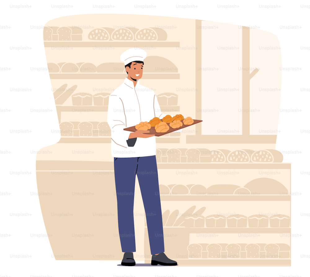 Bakery Industry, Pastry and Baked Food Production and Manufacture. Man Chef Baker in Sterile Uniform and Hat Holding Tray with Fresh Hot Baked Bread Just Taken from Oven. Cartoon Vector Illustration