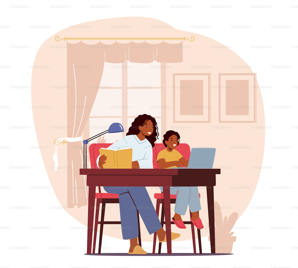 Clases de aprendizaje de madre e hijo y vea el seminario web en la computadora portátil en casa. Padre o maestro y niños pequeños sentados en el escritorio con libro de texto y PC estudian juntos. Ilustración vectorial de Cartoon People