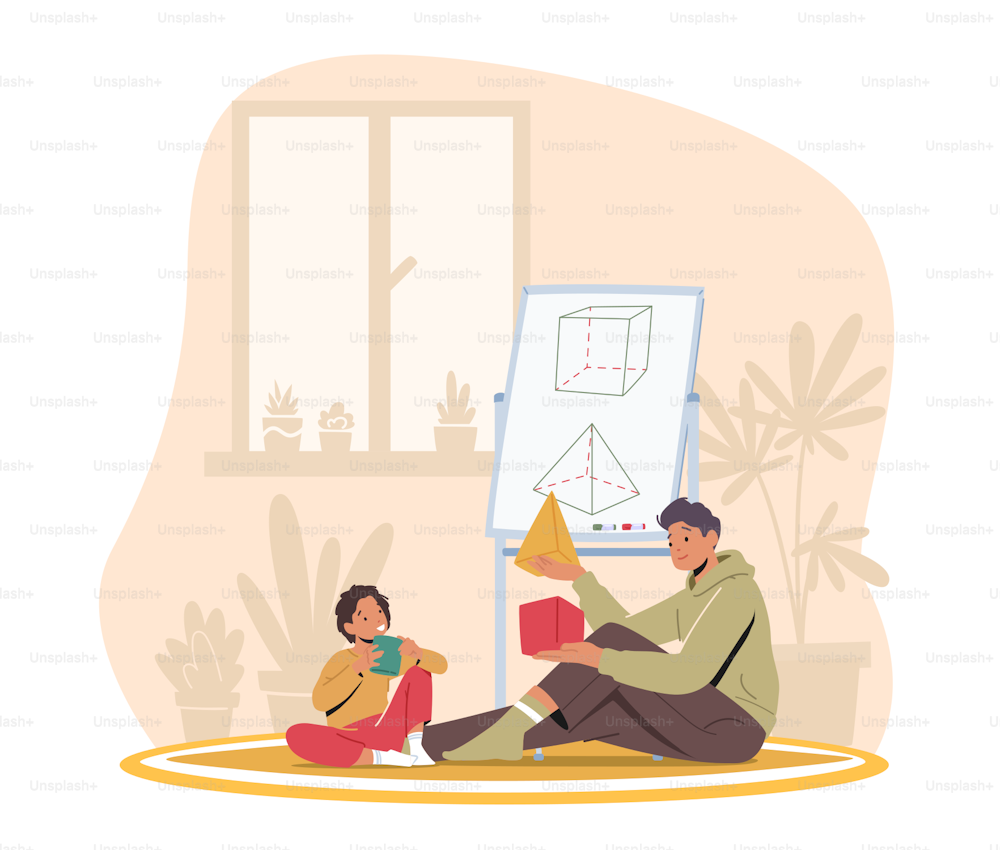 Father and Little Kid Learn Geometric Shapes at Home. Parent or Teacher and Child Characters Sitting on Floor Studying and Learning Classes Together. Cartoon People Vector Illustration