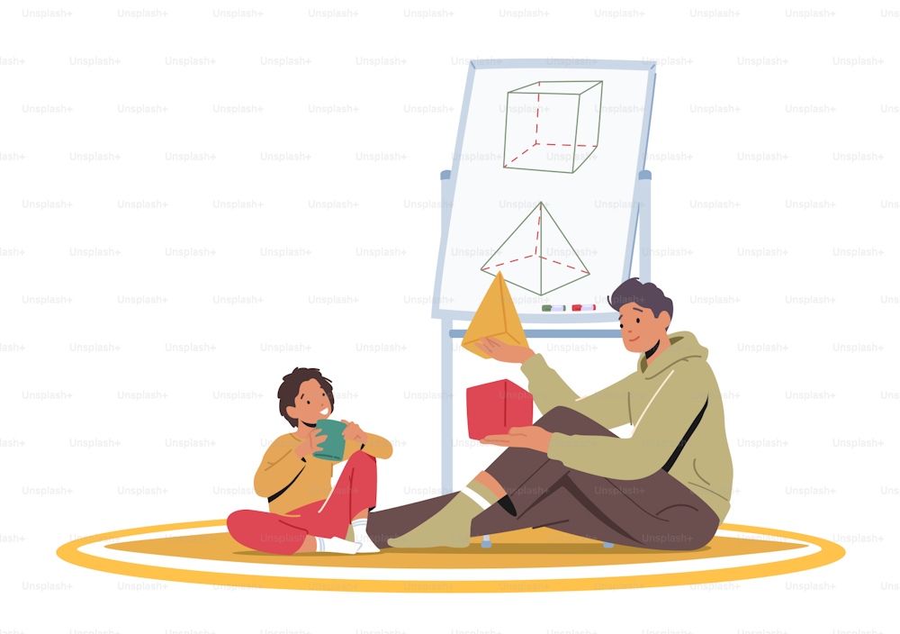 Parent or Teacher and Boy Characters Sitting on Floor Studying and Learning Geometric Shapes Together. Father and Little Son Kid Learn Classes at Home. Cartoon People Vector Illustration