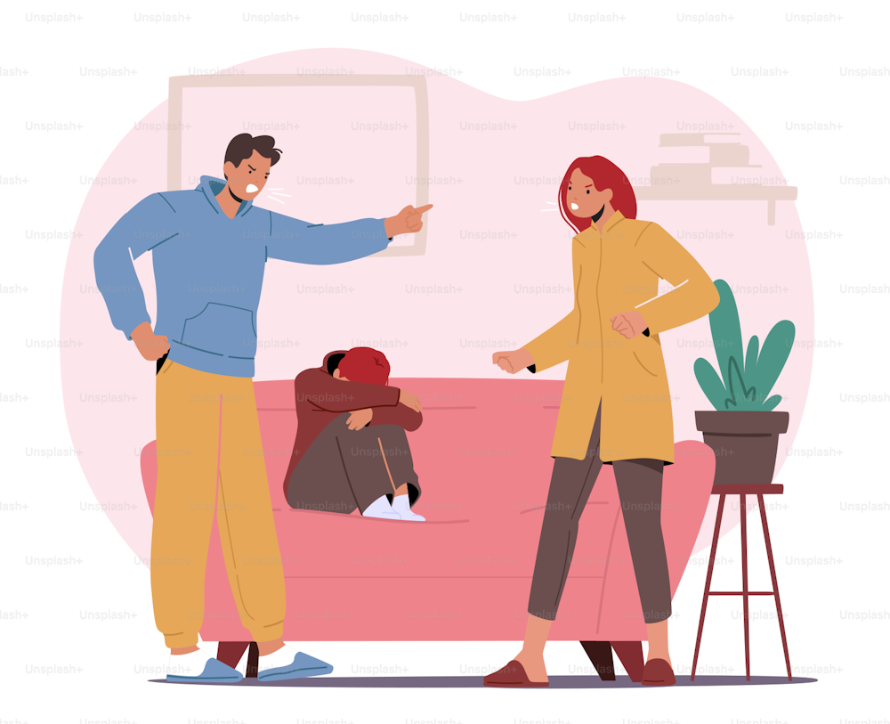 Family Conflict, Problem, Angry Parents Yelling, Scold Each Other. Mother and Father Character Yell, Sad Little Boy Sitting and Cry on Sofa. Domestic Abuse, Divorce. Cartoon People Vector Illustration
