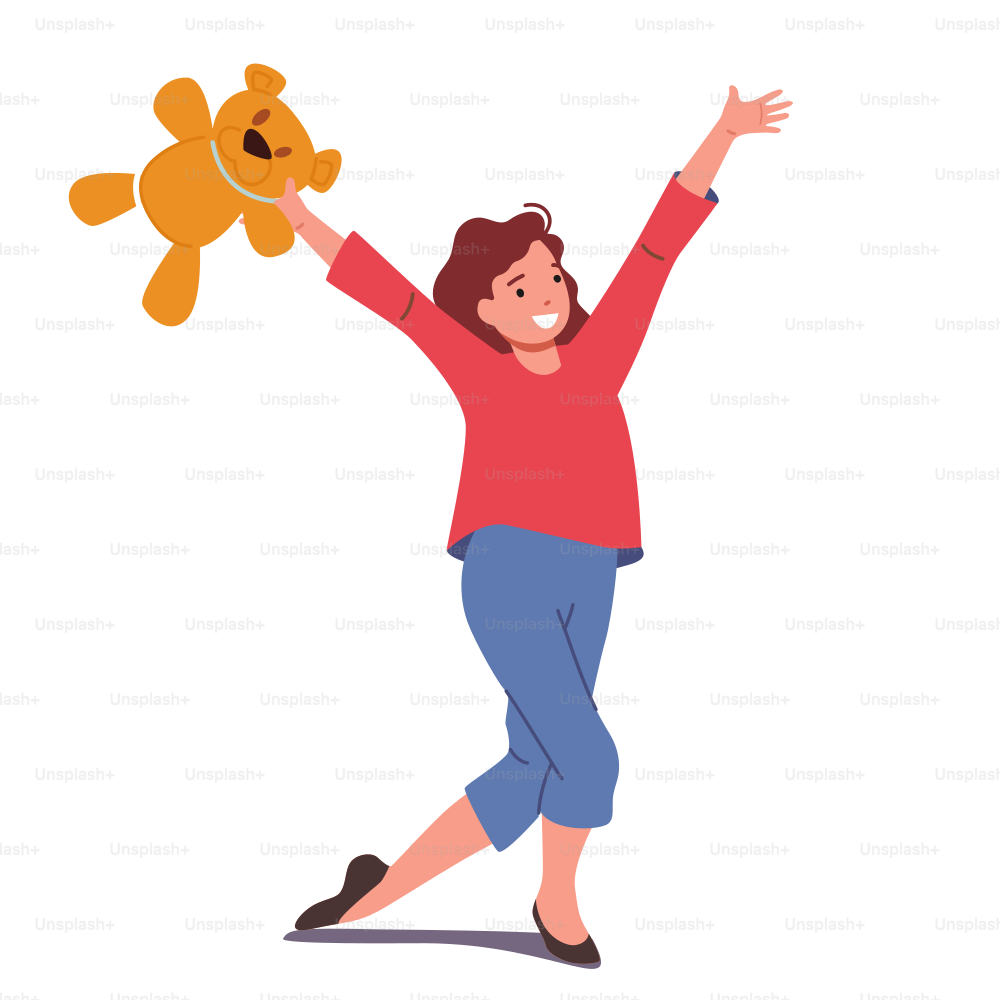 Happy Girl with Toy. Little Child Playing, Kid with Plush Teddy Bear Laugh and Running Isolated on White Background. Kids Character Activity, Recreation, Fun Game. Cartoon People Vector Illustration