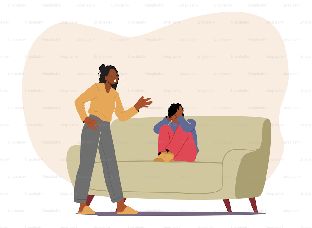 Angry African Mother Character Scold Son who Closing Ears with Hands Sit on Couch. Offended Stubborn Boy Child Ignore Listening Mad Mom Talking, Quarrel at Home. Cartoon People Vector Illustration