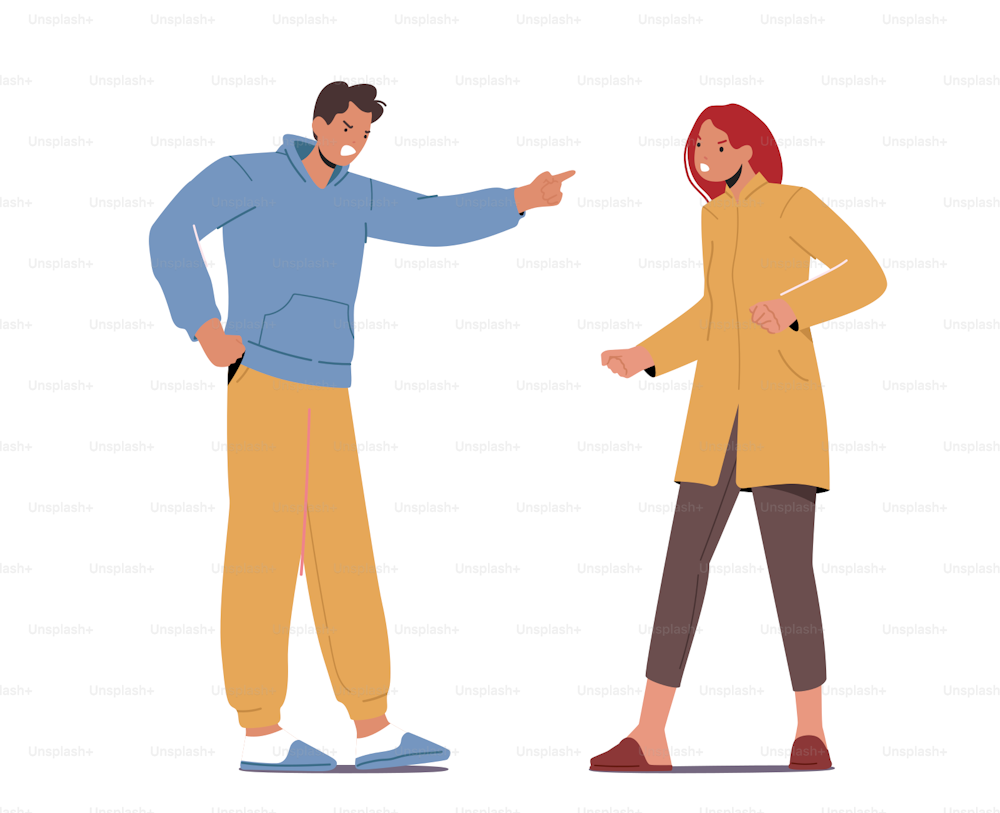 Unhappy Family Fighting. Angry Couple Characters Arguing Shouting Blaming Each Other. Frustrated Husband and Annoyed Wife Quarreling of Bad Marriage Relationships. Cartoon People Vector Illustration