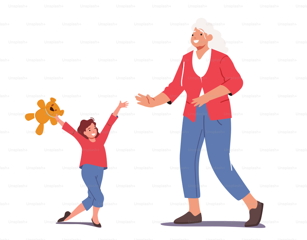 Happy Grandmother and Granddaughter Characters Meeting. Kid Visit Granny Concept, Girl Coming to Grandmom Home on Vacation or Holidays Isolated on White Background. Cartoon People Vector Illustration
