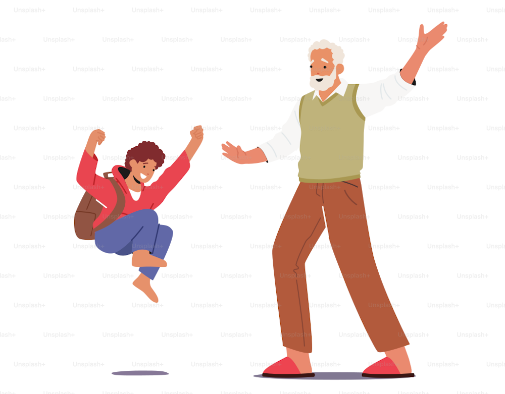 Kid Visit Granny Concept. Happy Grandfather and Grandson Characters Meeting. Boy Jump of Happiness for Coming to Granddad on Holidays Isolated on White Background. Cartoon People Vector Illustration