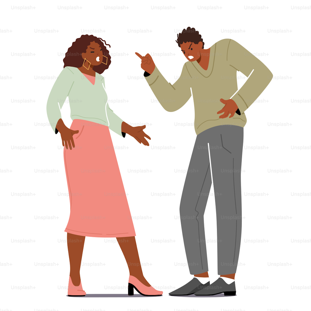 Married Couple Quarrel and Fight. African Man and Woman Sorting Things Out, Fighting. Family Conflict Concept. Husband and Wife Scandal at Home. Love and Human Relations. Cartoon Vector Illustration