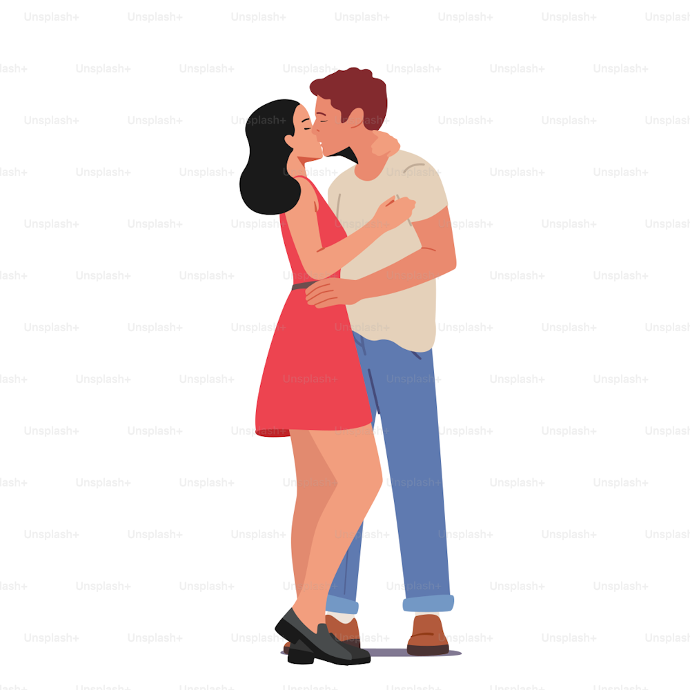 Loving Couple Kissing, Male and Female Characters Fall in Love, Dating Sparetime Isolated on White Background. Young People Spend Time Together Flirting, Hugging. Cartoon Vector Illustration