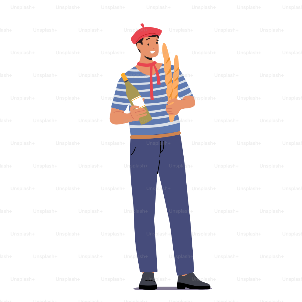 Ein typischer französischer Mann trägt eine rote Baskenmütze und ein gestreiftes T-Shirt, eine Weinflasche und frische Baguettes. Männlicher Charakter in traditioneller französischer Kleidung. Pariser Lifestyle-Konzept. Cartoon Menschen Vektor Illustration