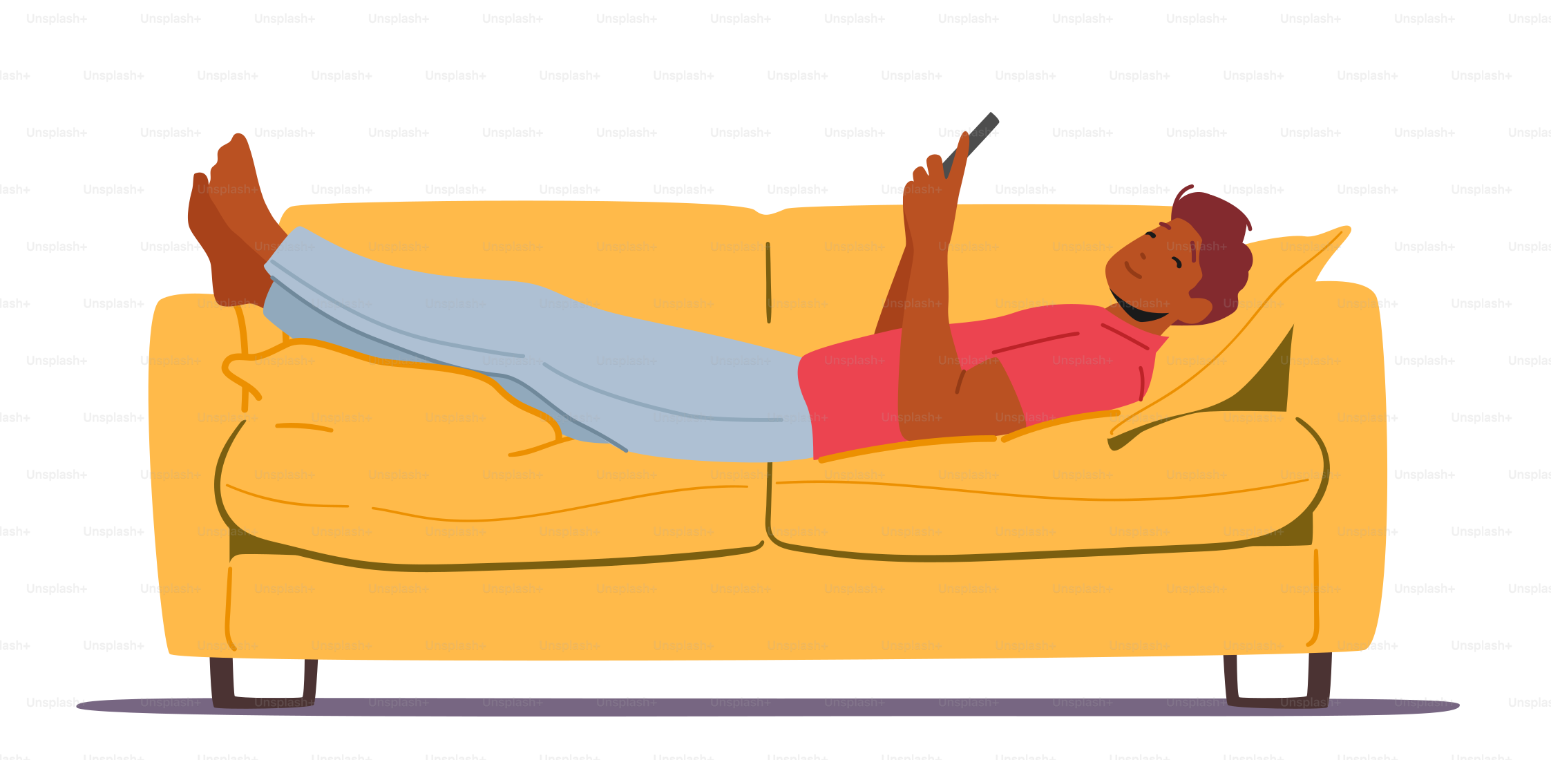 Relaxar e relaxar com preguiça, jovem usando celular deitado no sofá ou sofá em casa, relaxando com o smartphone, pessoa perdendo tempo, personagem adulto conversando com amigos online. Ilustração vetorial de Cartoon People