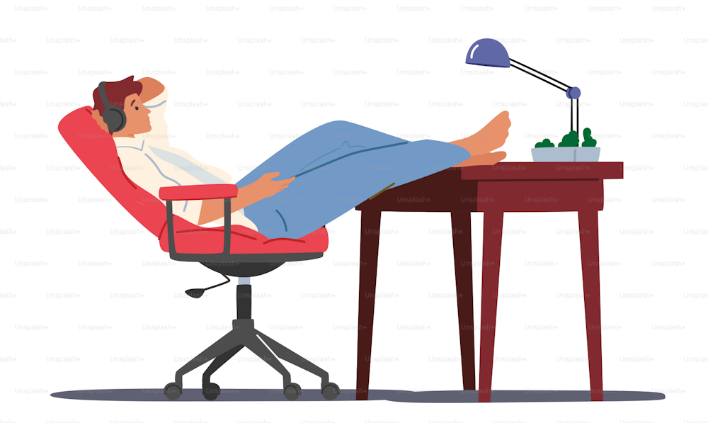 Fauler Mann, der sich während der Arbeitszeit mit Kopfhörern am Schreibtisch am Arbeitsplatz entspannt und die Beine auf dem Tisch liegen. Männlicher Charakter, der zögert und Zeit verschwendet. Cartoon Menschen Vektor Illustration