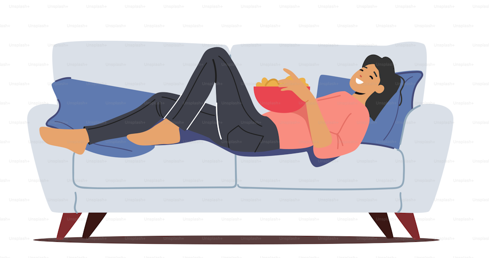 Lazy Female Character Lying on Coach in Living Room, Eating Junk Food During Weekend. Woman Spend Time at Home Relaxing and Enjoying Procrastination. Cartoon People Vector Illustration