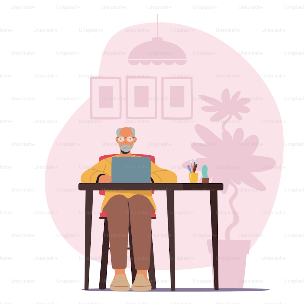 Senior Man Use Computer at Home Interior. Aged Male Character Sitting at Desk with Laptop Looking on Screen Gaining Education, Chatting or Learn New Technology. Cartoon Vector Illustration