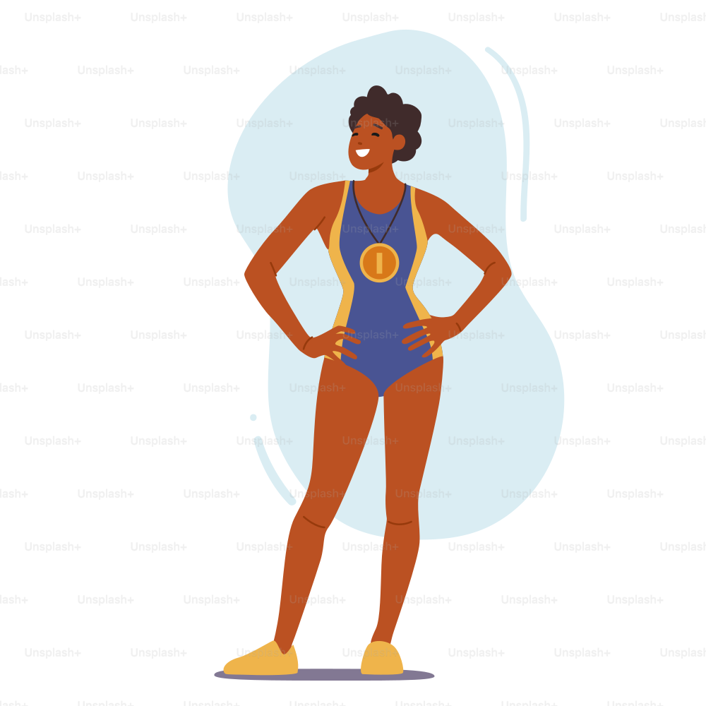スポーツ競技の勝者に報いるコンセプト。白い背景に女性の水泳選手のキャラクターが水着を着て金メダル、トロフィー賞のお祝いを実演する。漫画の人々のベクターイラスト