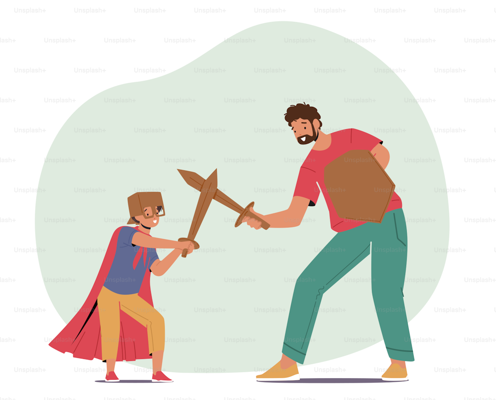 Happy Family Characters Playing in Knights Outdoors. Father and Son Fighting on Wooden Swords, Dad and Boy Fooling, Parenting, Childhood, Togetherness Concept. Cartoon People Vector Illustration