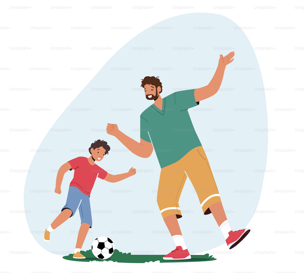 Happy Family Characters Father and Son Playing Soccer on Field. Dad with Little Boy Spend Time Together, Having Fun, Sports Recreation and Outdoor Activities. . Cartoon People Vector Illustration