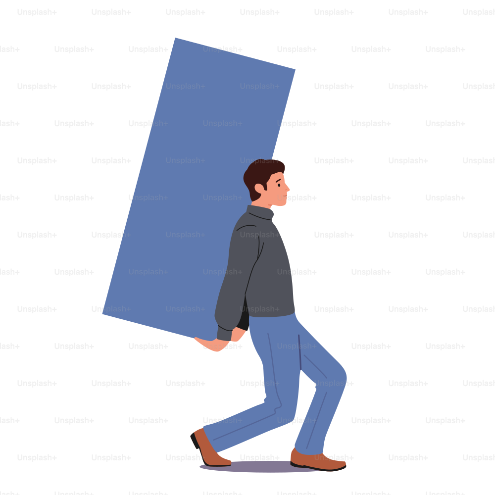 Business Metaphor of Hardwork, Corporate Workflow, Challenge. Man Carry Huge Rectangle Puzzle Piece Trying to Find Solution, Teamwork and Collaboration Concept. Cartoon People Vector Illustration